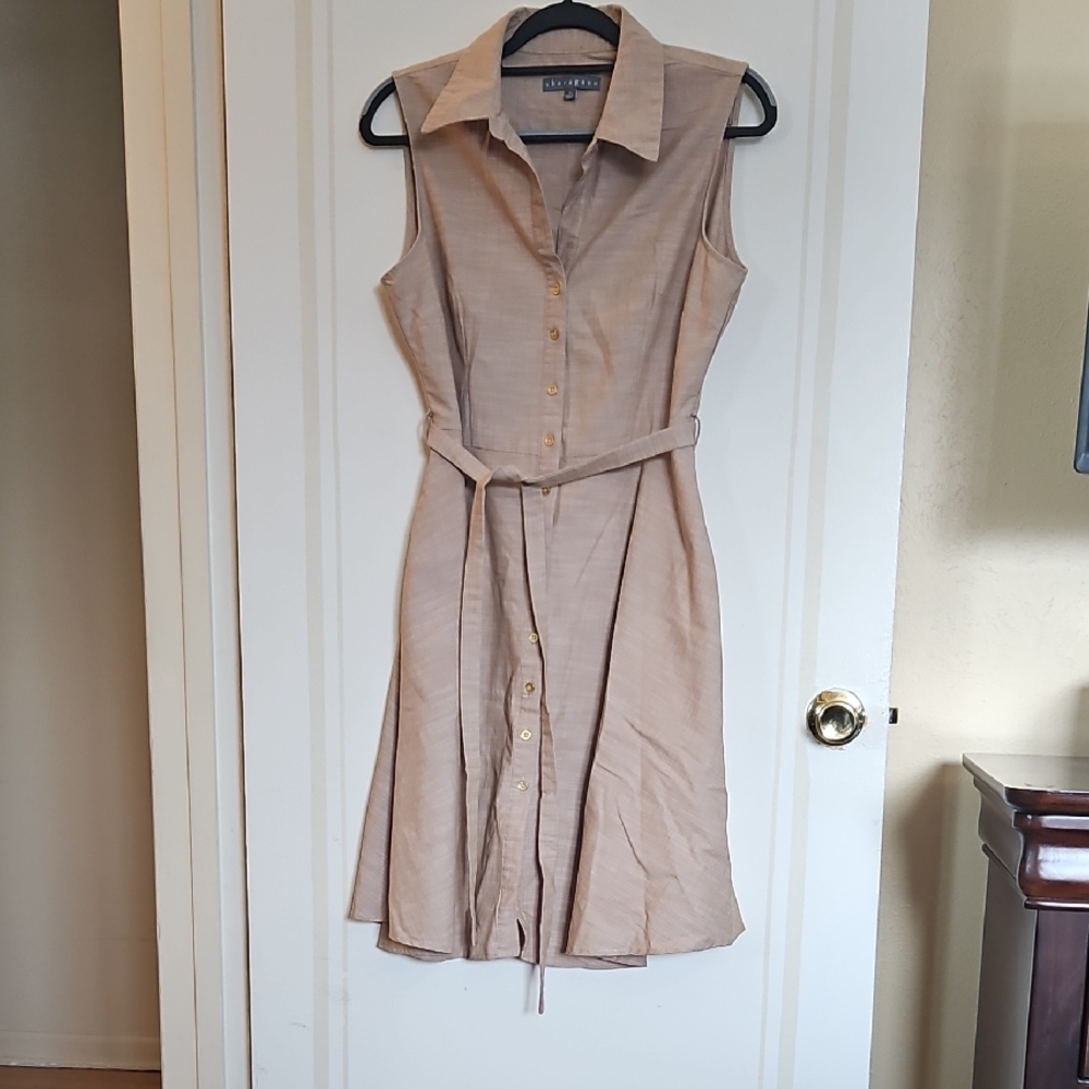 Sharagano Tan Linen-Like Button-Down Midi Dress